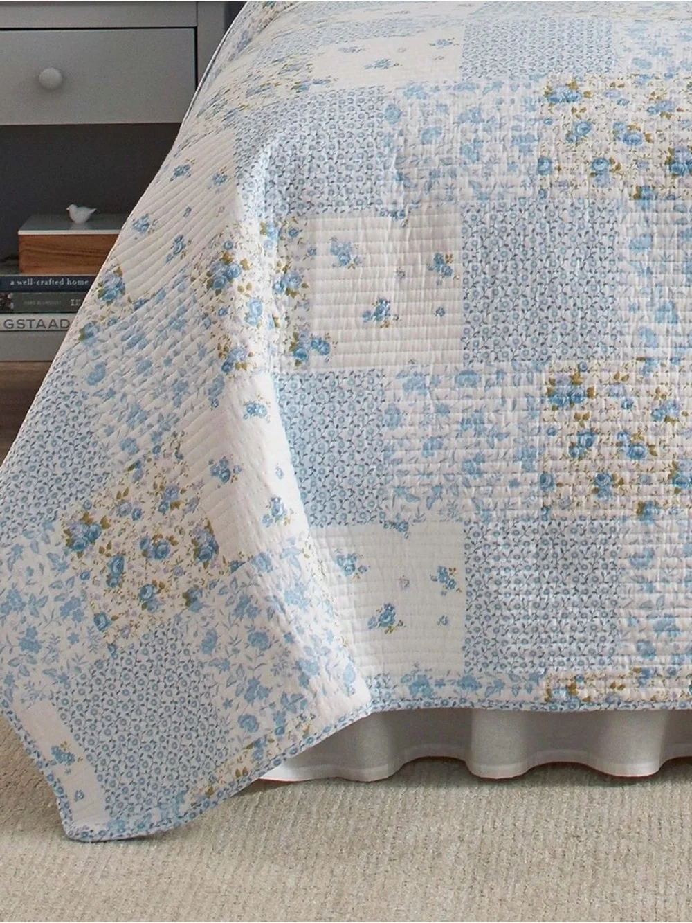 Laura Ashley Light Blue Floral Patchwork Quilt Set - Classic Home Bedding Queen